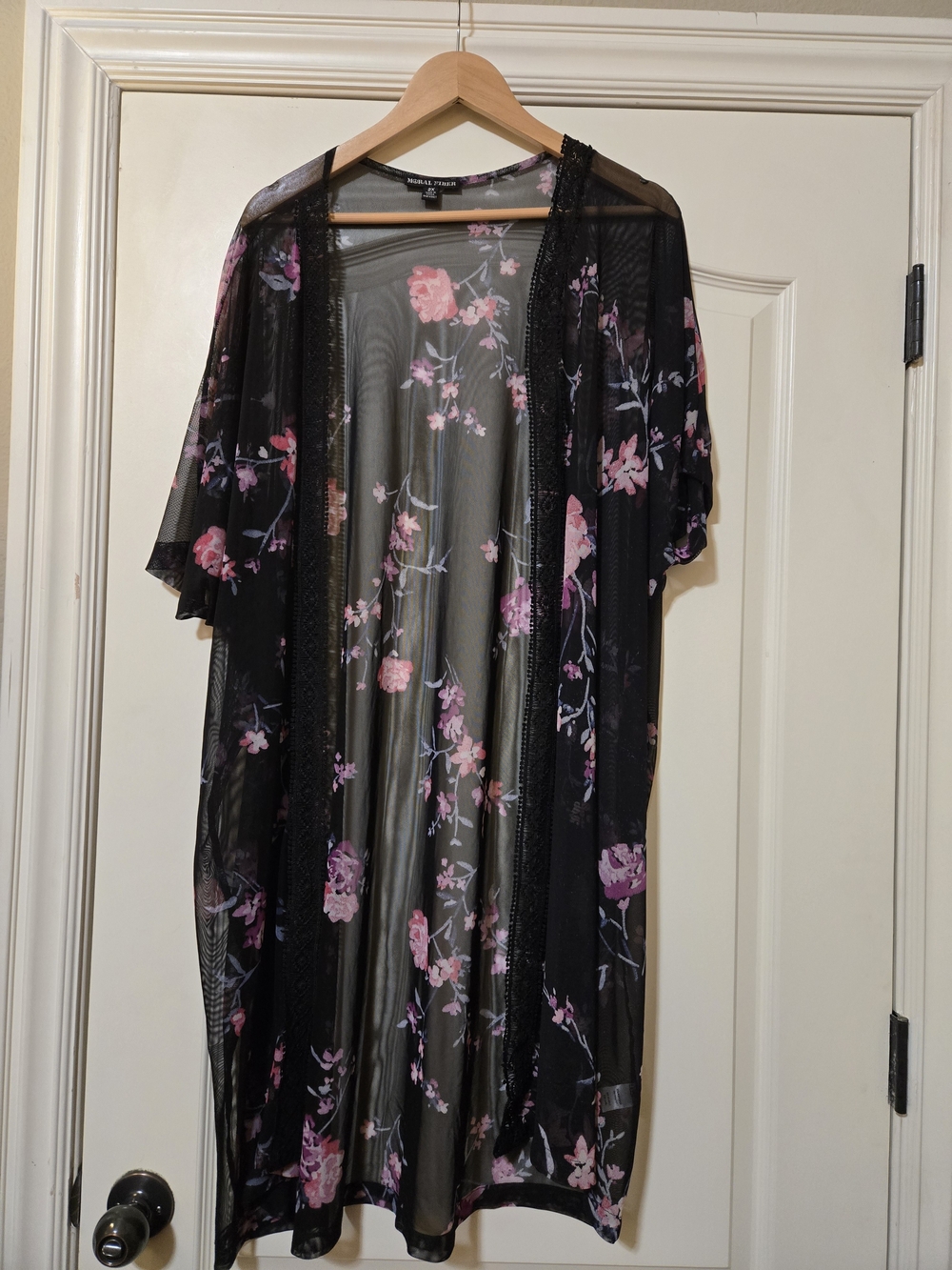 Moral Fiber Black Sheer Floral Kimono Cardigan with Pink Flowers